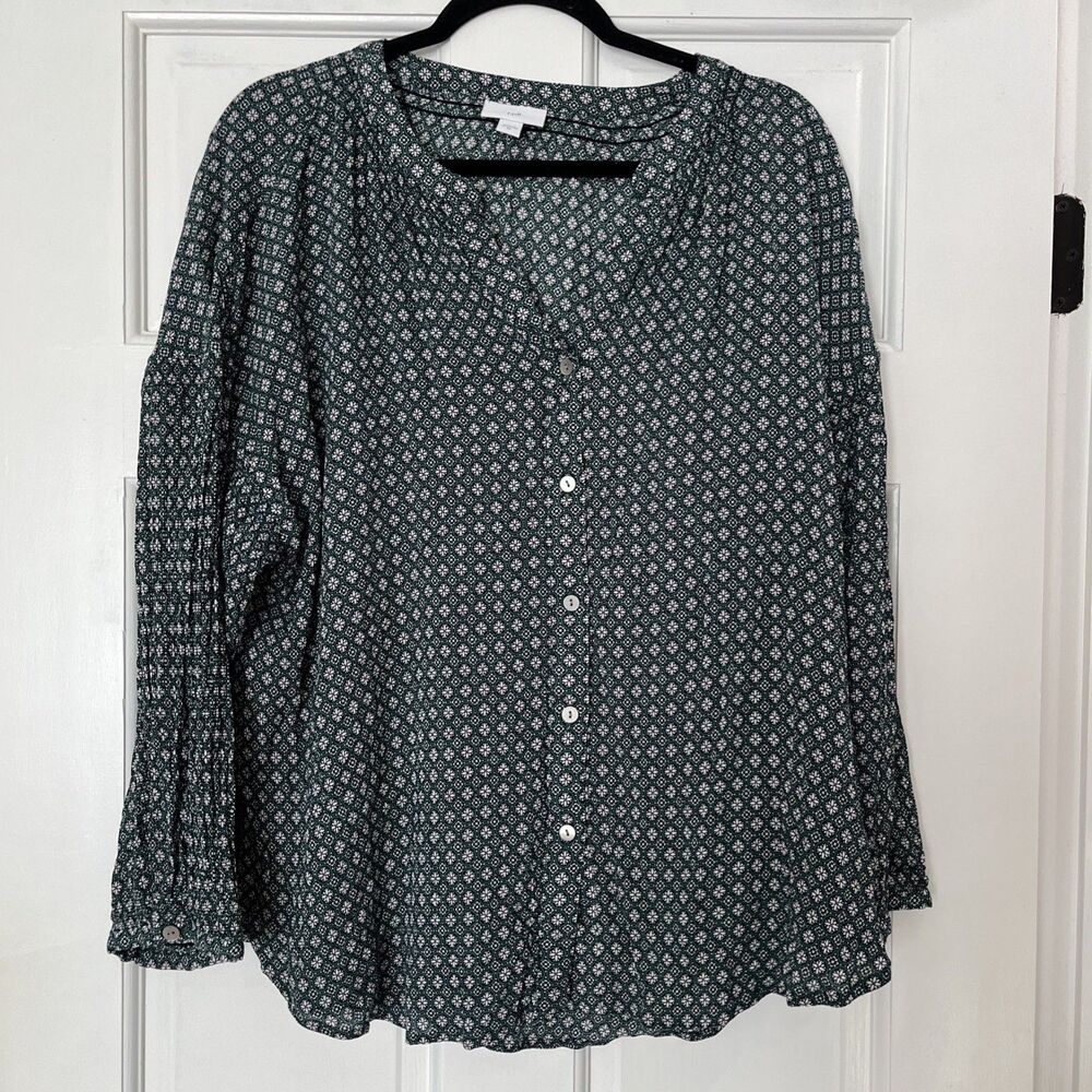 J Jill Button Up Tunic Top Womens 2X Green Floral Preppy Peasant Office V-neck
